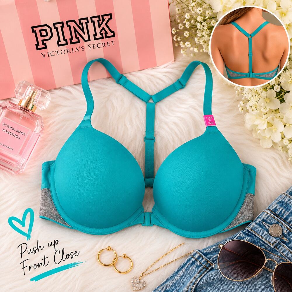 VS Pink Wear Everywear Push Up Front Close Bra in Turquoise Gray US 32D NWT